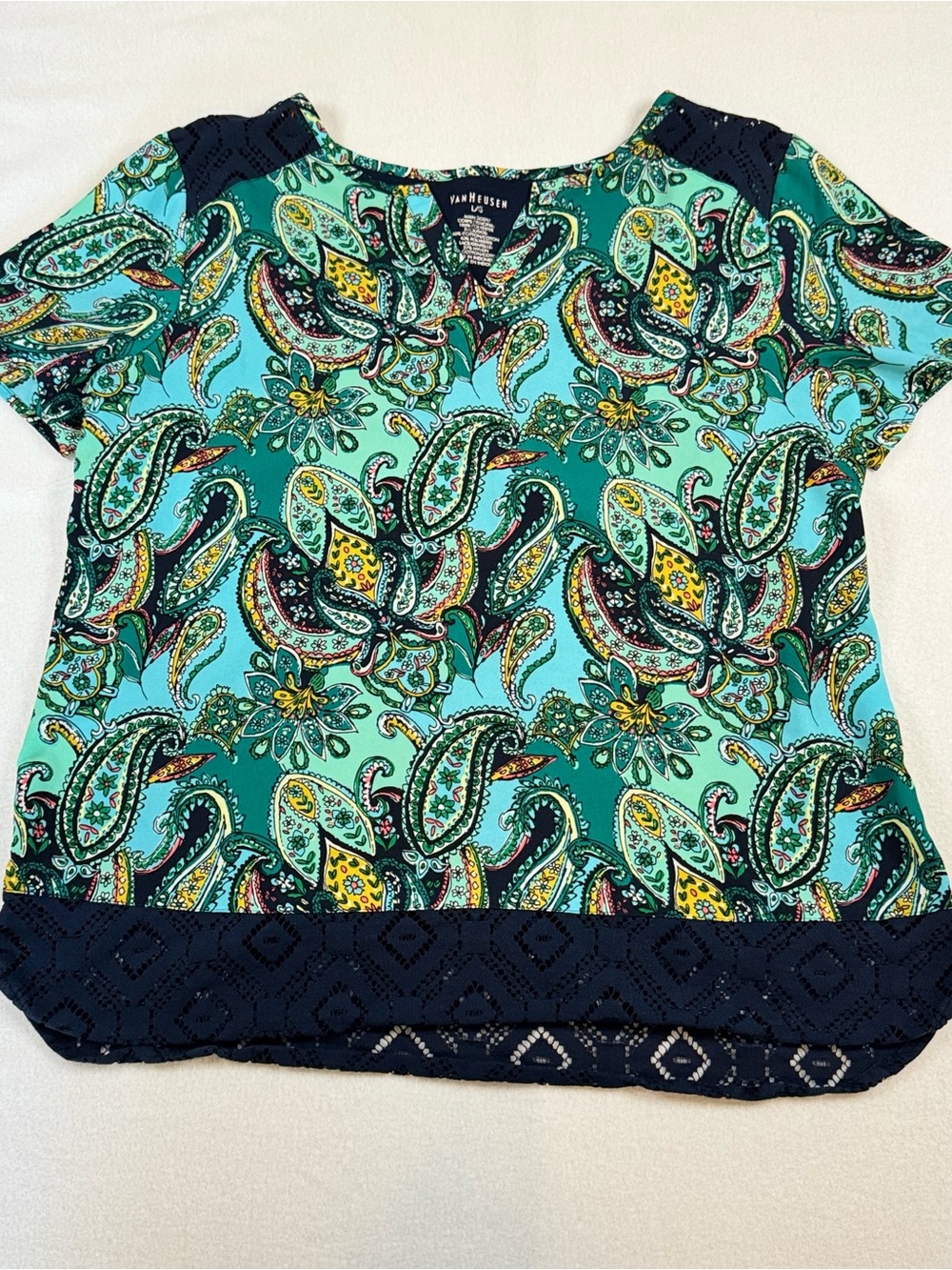 Van Heusen Women Teal Navy Paisley Lace Trim Mixed Media Blouse Top Large